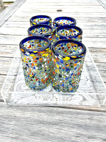 Set of 6 Confetti Blue Rim Glasses